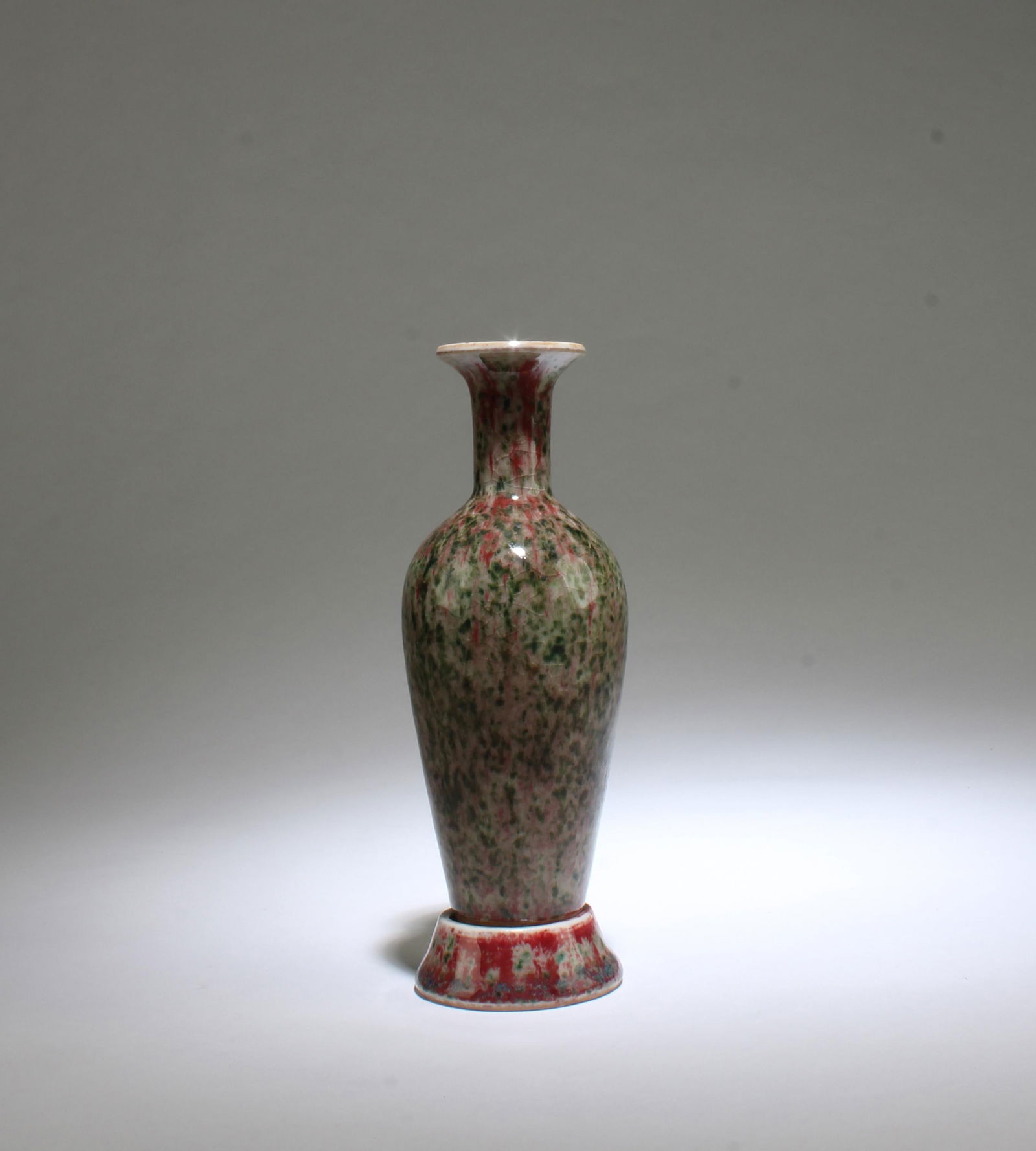 A Chinese Peach Bloom Glazed Amphora Vase: A Chinese Peach Bloom Glazed Amphora Vase with Stand. Height: 6.2"
