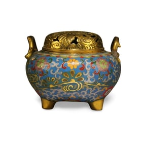 Chinese Cloisonne Tripod Hand Warmer With Handles