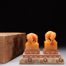 A Pair of Tianhuang Stone Seals With Mythical Beast Knobs