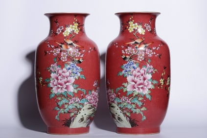 A Pair of Rouge-Red Fencai Enamel Lantern Vases With Floral Motif