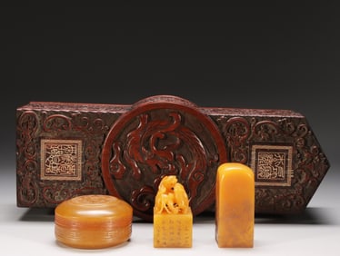 A Tianhuang Stone Seal With Ink Paste Box and Zitan Wood Case
