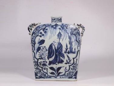 A Blue and White Square Vase With Figures and Mythical Beast Handles