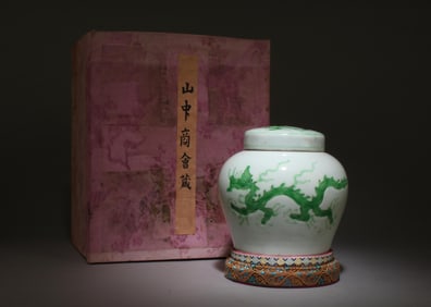 A Green and White Jar with Box, Stand, and Lid
