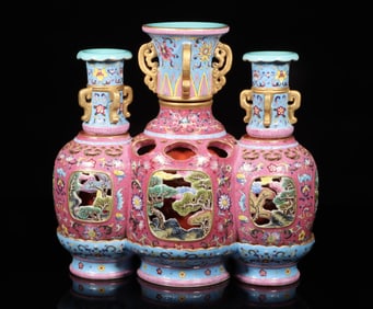 A Three Conjoined Falangcai Porcelain Vase