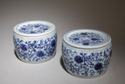 A Pair of Blue and White Cricket Jar