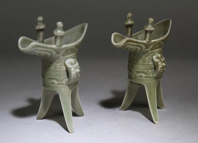 A Set of 2 Chinese Celadon Glaze Tripod Jue Cups