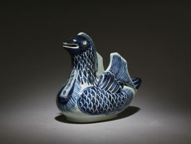 A Blue and White Duck Ornament