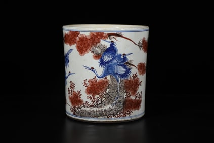 A Blue and Red Brush Pot with Bird Motif