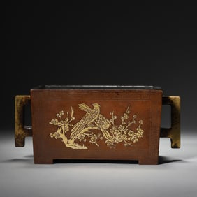 A Bronze Double-Eared Censer with Partial Gilt Flower and Bird