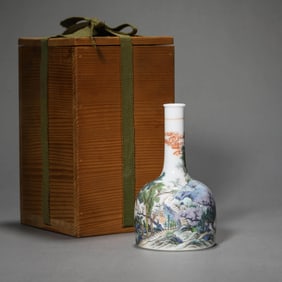 A Wucai Enamel Landscape Bell Vase