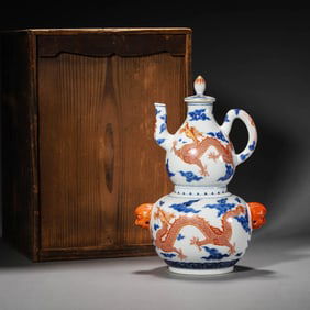 A Blue and White and Iron Red Dragon Ewer