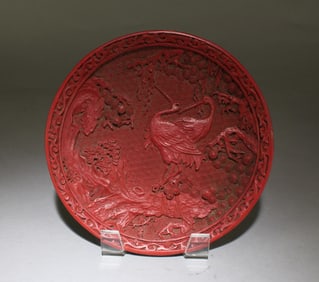 Crane Landscape Cinnabar Lacquer Round Plate