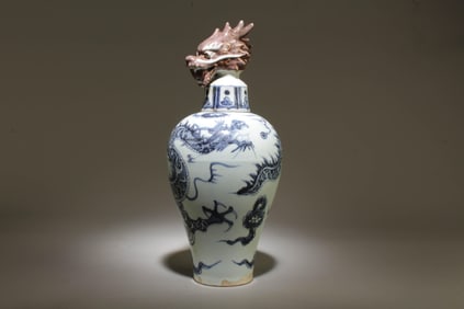 A Blue and White Dragon Vase with Lid