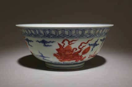 A Blue and White Bowl with Red Dragon