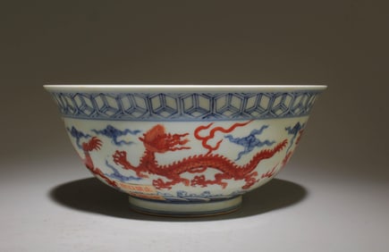 A Blue and White Bowl with Red Dragon