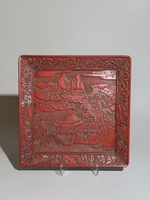 A Carved Lacquer Square Tray with Landscape and Figures