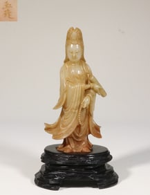 A Shoushan Furong Stone Standing Guanyin Statue Holding Sutra Attributed to Yuxuan