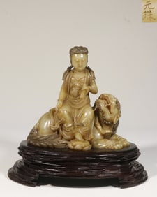 A Shoushan Furong Stone Seated Guanyin Statue Riding Lion Attributed to Yuanzhu