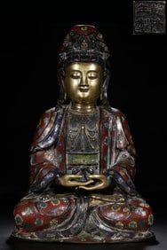 A Cloisonné Enamel Seated Guanyin Statue