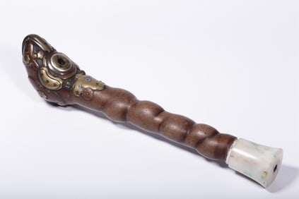 A Zitan Wood Pipe with Silver Inlay and Jade Mouthpiece