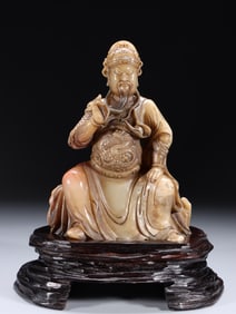 A Shoushan Furong Stone Seated Guan Yu Statue Attributed to Youzhu