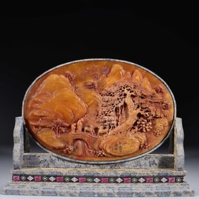 A Shoushan Tianhuang Stone Table Screen with Landscape Attributed to Qingqing