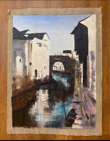An Oil Painting Depicting Water Village Figures Attributed to Wu Guanzhong