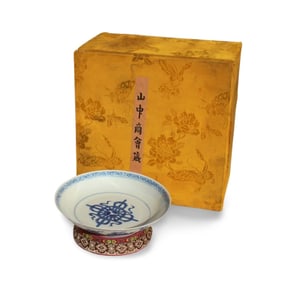 A Blue and White Plate with Lid, Stand, Box