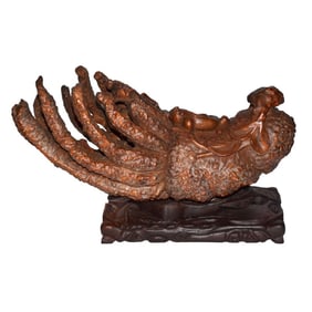 A Carved Bamboo Root Finger Citron with Bixie