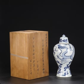 A Blue and White Lidded Meiping Vase with Dragon and Longevity Motif