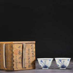 A Pair of Blue and White Cups with Floral Motif