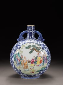 A Blue and White With Fencai Enamel Flat Vase with Landscape Motif