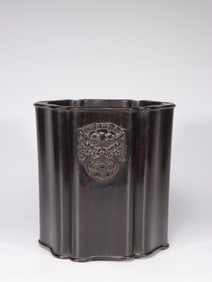 A Zitan Wood Brushpot with Beast Mask Motif