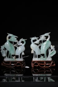 A Pair of Jade Ornaments with Crane and Lotus Motif