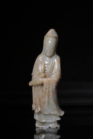 A Hetian Jade Standing Guanyin Statue Holding Scripture