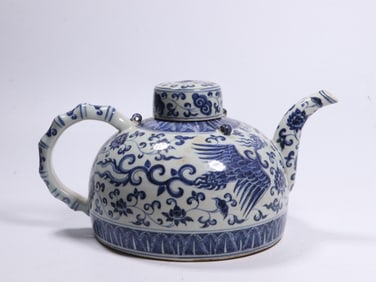 A Blue and White Teapot with Phoenix Motif and Bamboo Handle
