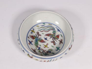 A Doucai Enamel Brush Washer with Phoenix Motif