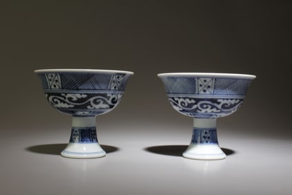 A Pair of Blue and White Stem Cups