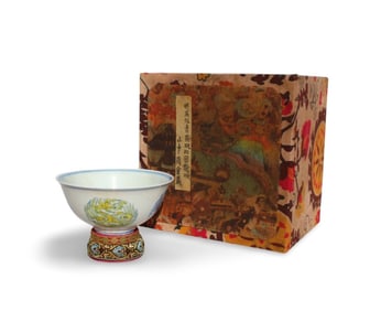 A Multi-Colored Bowl with Lid, Stand, Box