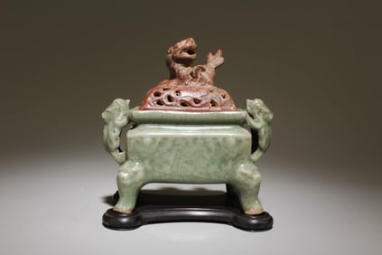 A Celadon Glazed Incense Burner with Lid and Stand