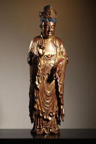 A Gilded Nanmu Standing Guanyin Statue