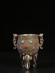 A Silver Wine Cup with Floral and Dragon Motif