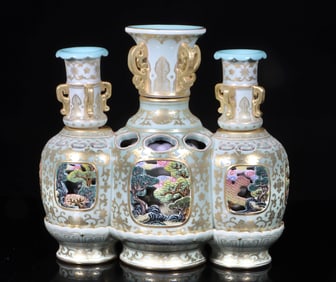 A Three Conjoined Green Glazed Porcelain Vase