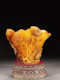 A Shoushan Stone Cup With Chilong and Lotus Design