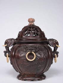 A Zitan Wood Elephant-Eared Censer With Eight Treasures Design