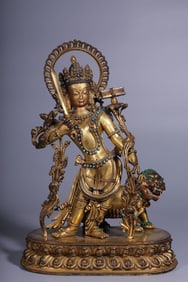 A Gilt Bronze Manjusri Standing Statue Inlaid With Turquoise