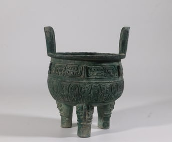 A Bronze Beast Mask Tripod Double-Eared Censer