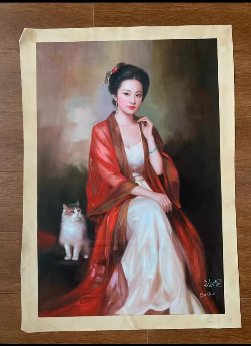 A Painting Depicting Lady and Cat on Cotton Linen by Leng Jun: A Painting Depicting Lady and Cat on Cotton Linen by Leng Jun. Dimensions: 39.37in x 27.56in.