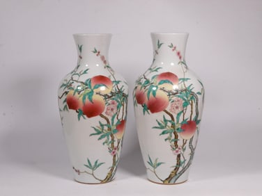 A Pair of Fencai Peach Guanyin Vases