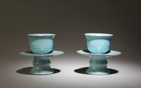 A Pair of Ruyao Teacups with Stands